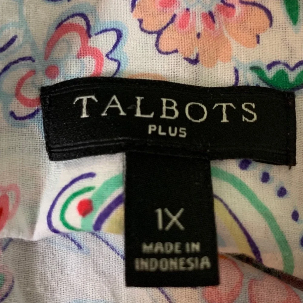 Talbots Plus Button Down Shirt 1X Multi Color Paisley Floral Cotton Long Sleeve